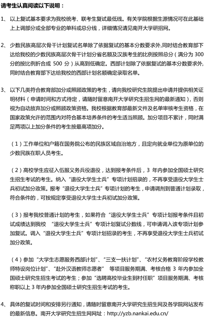 2021年南開大學(xué)碩士研究生招生考試進(jìn)入復(fù)試的初試成績基本要求